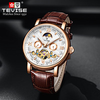Montre-bracelet mécanique personnalisée TEVISE T867H pour homme, bracelet en cuir, cadran phase de lune, verre minéral, boîtier en alliage, fournisseur en gros pour entreprises