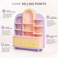 Vitrine de présentation en forme d'arche de couleur pastel avec étagères décoratives et rangement intégré pour boutique