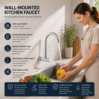 Robinet de cuisine mural classique durable en alliage de zinc chromé, eau froide uniquement, pivotant à 360 degrés avec cartouche en laiton