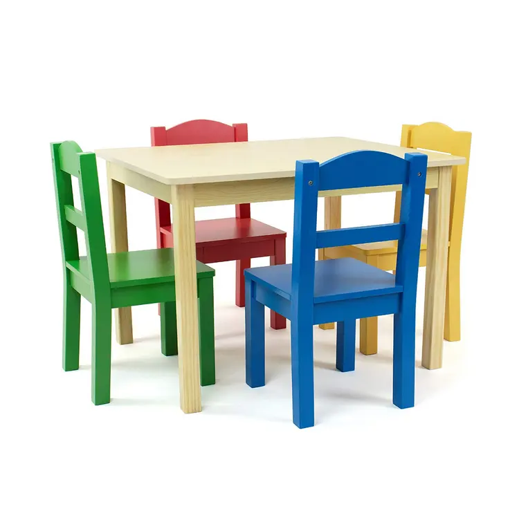 Mesa de madera natural para guardería, Juego de 4 sillas de madera para niños