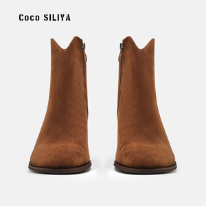 Bottines Coco SILIYA en daim à talon épais et bout carré, bottines tendance pour femmes - Product Image 3