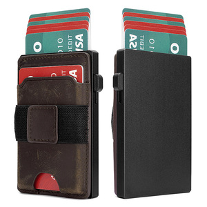 Tarjetero metálico de cuero genuino, mini, portátil, anti-desmagnetización, con sistema de extracción automática, para hombres y mujeres - Product Image 1