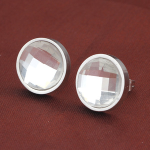 <b>Stud</b> <b>Earrings</b> 14mm Faceted Round Glass Bezel Setting Stainless Steel White And Gray Geometric Fashion Minimalist For Women - Product Image 2