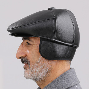 PU Front <b>Cap</b> Men's <b>Winter</b> Warm Fleece Lined Ear Protection Hat Black Middle Aged Elderly Hats - Product Image 2