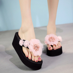 Tongs d'été pour femmes avec fleurs faites à la main, noires, à semelle épaisse, antidérapantes, sandales de plage - Product Image 6