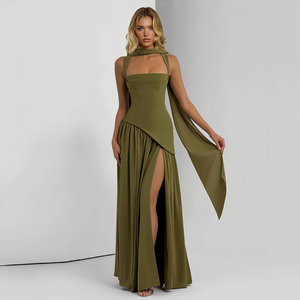strapless open back dress Harley Halter Neck Satin Maxi Dress in Olive | Luxe Collection main image 0
