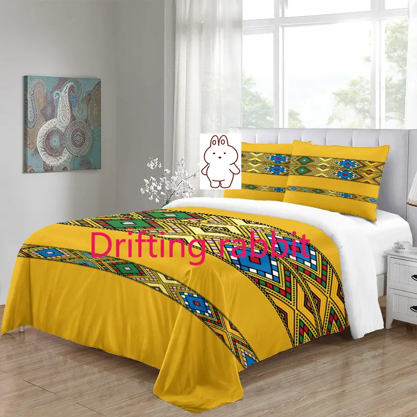 Custom Luxury hot selling exquisite design 3D printed polyester bedding set Ethiopian style beautiful bed sheet for home hotel