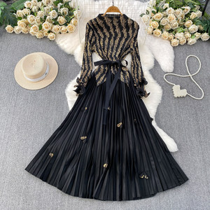 Fashion Women <strong>Clothes</strong> Elegant <strong>Gold</strong> Foil Pleated Dress Ruffle Sleeves Belted Waist Women's Dress Casual Fashion Pleated Dress - Product Image 3