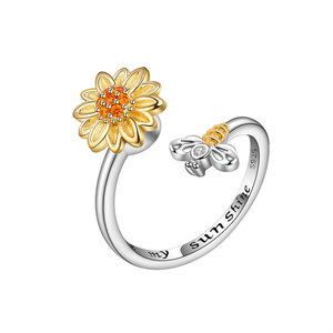 Trendy Claw Insert Orange Zircon Rotating Sunflower Ring Copper Gold Plated <b>Bee</b> Flower Open Rings Anti Anxiety Jewelry For Women - Product Image 5