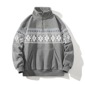 Sweat-shirt polaire vintage pour homme, col montant zippé, imprimé flocons de neige, poche kangourou, vente en gros, décontracté, hiver - Product Image 4