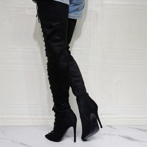 Bottes longues sexy à lacets pour femme, talon haut, bout ouvert, grande taille, idéales pour l'été et les jambes larges - Product Image 4