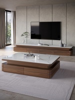 Nouvel ensemble de meuble TV et table basse en bois massif de style minimaliste italien, ton noyer, design Mid-Century Modern, plateau en roche, aucun assemblage requis