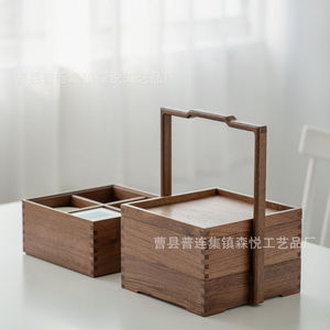 Caja de almacenamiento de madera de estilo chino, portátil, con múltiples compartimentos, para té, aperitivos, comida, rectangular, artesanía de Shandong - Product Image 3