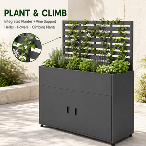Galvanized Steel <b>Planter</b> <b>Box</b> With Storage Cabinet Built-In Trellis Raised Garden for Climbing Plants Patio OEM Wholesale - Product Image 4