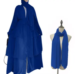 Elegant Chiffon Kimono Dress for Women Muslim Solid 3 Layers Open Abaya Dubai Turkey Arab Oman Islamic Clothing Abaya