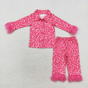 Ensemble pyjama pour enfants filles, haut à manches longues boutonné et pantalon avec bordure en fourrure, tenue de détente 2 pièces, automne et hiver - Product Image 4