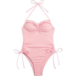 Traje de baño de una pieza para mujer, estilo halter, con fruncido y cordón lateral, de nailon y elastano elástico, para playa - Product Image 1