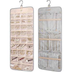 Organisateur de bijoux suspendu, rouleau de rangement double face avec cintre pour boucles d'oreilles, colliers, bracelets, montres, gris - Product Image 1