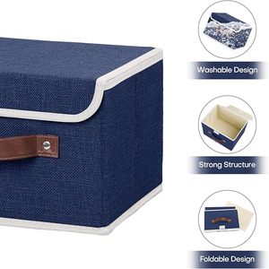Classic Rectangular Fabric Storage <b>Box</b> Lid Blue 10x8x7 <b>Keepsake</b> <b>Memory</b> Storage PP Board Reinforced Washable PU Handles - Product Image 4