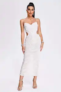 Vestido de lantejoulas para mulheres, vestido sexy elegante sem costas sem mangas branco com lantejoulas pérola midi para festa de noite