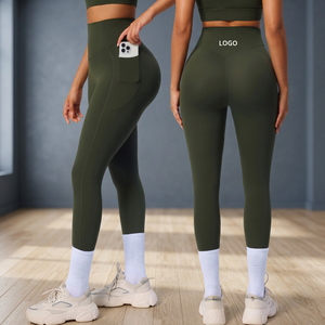 Leggings de sport à séchage rapide avec logo personnalisé, taille haute, poches latérales, extensibles dans 4 directions, en Spandex/Nylon pour femmes - Product Image 2