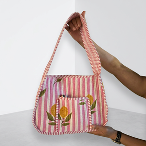 <b>Small</b> Hand Block Printed Quilted Cotton Shoulder Bag Floral Flap Bag With Long Handle 12x10 Inch - Product Image 2
