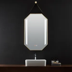 Penjualan laris cermin pintar layar sentuh bingkai emas disikat Modern cermin kamar mandi Led antikabut dengan lampu