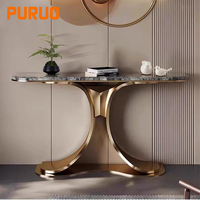 Table console longue et étroite extensible moderne pour entrée et couloir, plateau en pierre, base en acier inoxydable doré, design luxueux pour salon