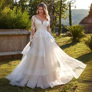 Wedding Dress High Waist Ball Gown Sweetheart Neckline Long Sleeve <b>Lace</b> Vintage Bridal Gown <b>White</b> Polyester Fiber - Product Image 1