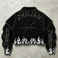 Veste en jean courte noire délavée avec strass et perles, fermeture éclair, style streetwear, imprimé lettres et flammes appliquées