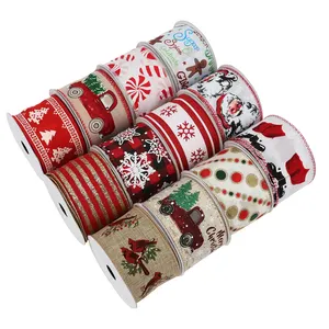 Custom Printed Holiday Party Gift Wrapping Wired Ribbon 63mm Christmas Tree Decoration Linen Edge Wired Burlap Ribbon Supplier