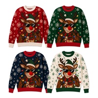 Pull tricoté homme Noël motif renne Rudolph lumières colorées col rond hiver Xmas Ugly Knitted