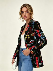 SWEET BABE Blazer Femme Tendance Imprimé Graffiti, Bouton Unique, Col en V, Respirant, Minimaliste, Manteau Décontracté, Chic pour le Bureau et la Ville - Product Image 2