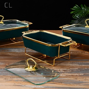 Ustensiles de cuisson en céramique de Style nordique peints <span class=keywords><strong>à</strong></span> la main <span class=keywords><strong>à</strong></span> bord doré <span class=keywords><strong>plat</strong></span> de cuisson rectangulaire <span class=keywords><strong>avec</strong></span> <span class=keywords><strong>couvercle</strong></span> 3 tailles casserole <span class=keywords><strong>avec</strong></span> support - Product Image 3