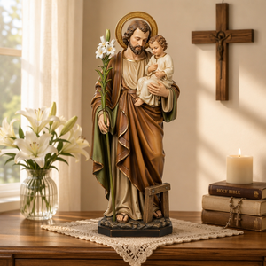 Statue religieuse catholique en résine de Saint <span class=keywords><strong>Joseph</strong></span> et Jésus, artisanale et peinte à la main, d'une valeur artistique - Product Image 4