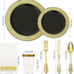 Ensemble de 350 assiettes jetables en plastique rigide <span class=keywords><strong>avec</strong></span> bord doré et cuillères, vaisselle pour fêtes, incluant des assiettes creuses pour fruits - Product Image 5