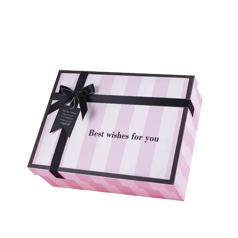 Benutzer definierte modische recycelbare schwarz rosa Satin band hängen Tag Streifen Geburtstag Geschenk Papier box
