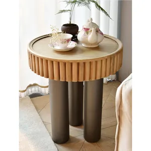 wholesale farmhouse nordic rustic vintage style round shape solid wooden coffee end tables