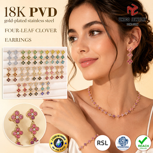 Boucles <span class=keywords><strong>d</strong></span>'oreilles trèfle en cristal multicolore de luxe léger, en acier inoxydable plaqué <span class=keywords><strong>or</strong></span> 18 carats PVD, boucles <span class=keywords><strong>d</strong></span>'oreilles tennis arc-en-ciel, bijoux pour femmes - Product Image 1