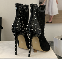 Bottes à talons hauts en dentelle noire sexy de style européen et américain, rivets, classiques, en maille respirante, chaussures à la cheville à talons hauts