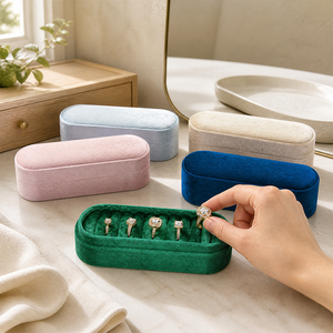 Boîte à bijoux haut de gamme en velours avec couvercle et base, personnalisable avec logo, plateau de présentation multi-emplacements pour bagues, idéale pour les cadeaux - Product Image 1