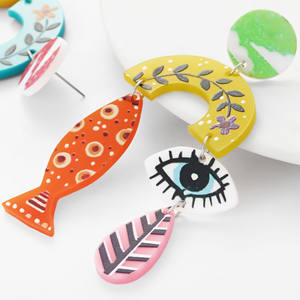 Pendientes acrílicos de estilo europeo americano más vendidos, estampado de hoja de ojo de pez Retro con cuarzo para fiestas - Product Image 4