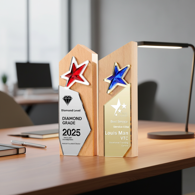 Dazzling Crystal Personalized Logo Custom Blue Red Star Creative Beech Wooden Trophy Gold Silver Metal Plated UV Printing