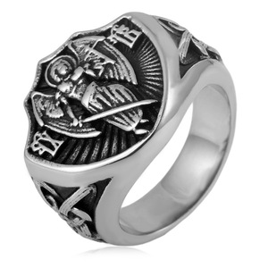 Anillo con escudo de San Miguel de Yunnique, color acero, joyería de moda para hombre, regalo, diseño geométrico - Product Image 1