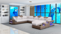 Muebles de Sala de Estar, Juego de Sofás de Cuero en Forma de U, Sofá Esquinero de Cuero con Cama y Luz LED