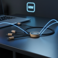 Câble de données USB Type C 60W en bambou RPET et nylon, durable, pour voyage, 5 en 1, avec logo LED personnalisé, charge rapide