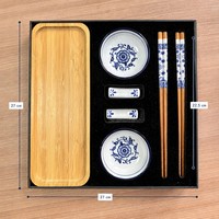 Ensemble de plateaux en bambou en porcelaine bleue et blanche avec logo personnalisé, baguettes en céramique, vaisselle zen, coffret cadeau OEM