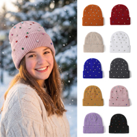 Bonnet tricoté chaud d'hiver de luxe en gros, style streetwear camouflage, orné de perles de cristal et de strass colorés, personnalisable avec logo, pour la plage