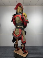 Vestes et Manteaux de Guerrier Chinois Ancien avec Chaîne Dorée, Costume de Guerrier Rouge et Noir, Plume Rouge, Casque Doré, Visage Historique
