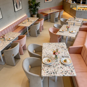 Contemporary <b>Restaurant</b> Table <b>Set</b> With Faux Marble Top And Fabric Chairs For Commercial Dining Use - Product Image 1